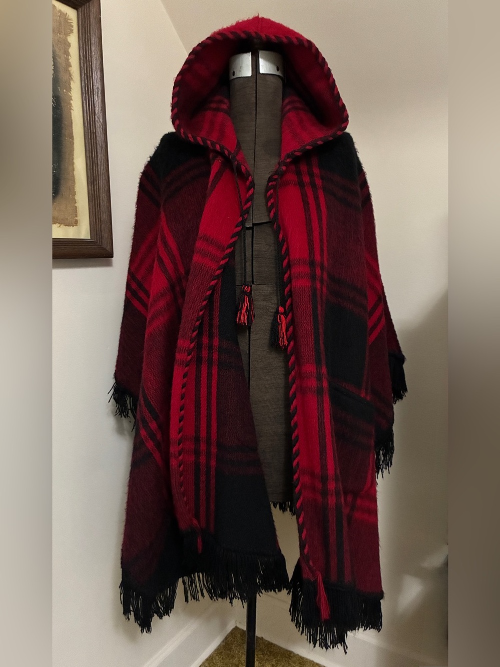 Vintage Red Plaid Hooded Poncho